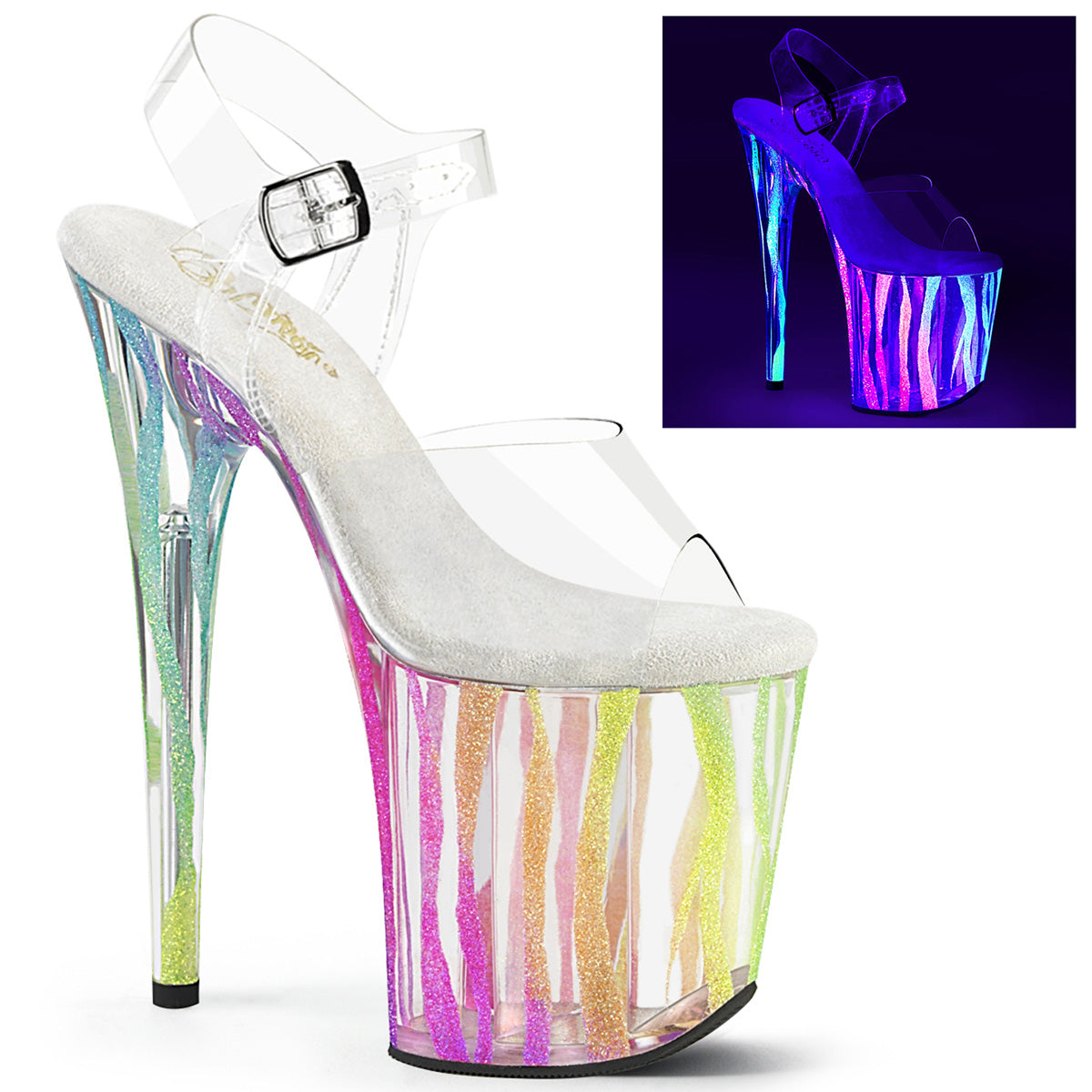 8 Inch Heel FLAMINGO-808RG-03 Clear Rainbow Glitter