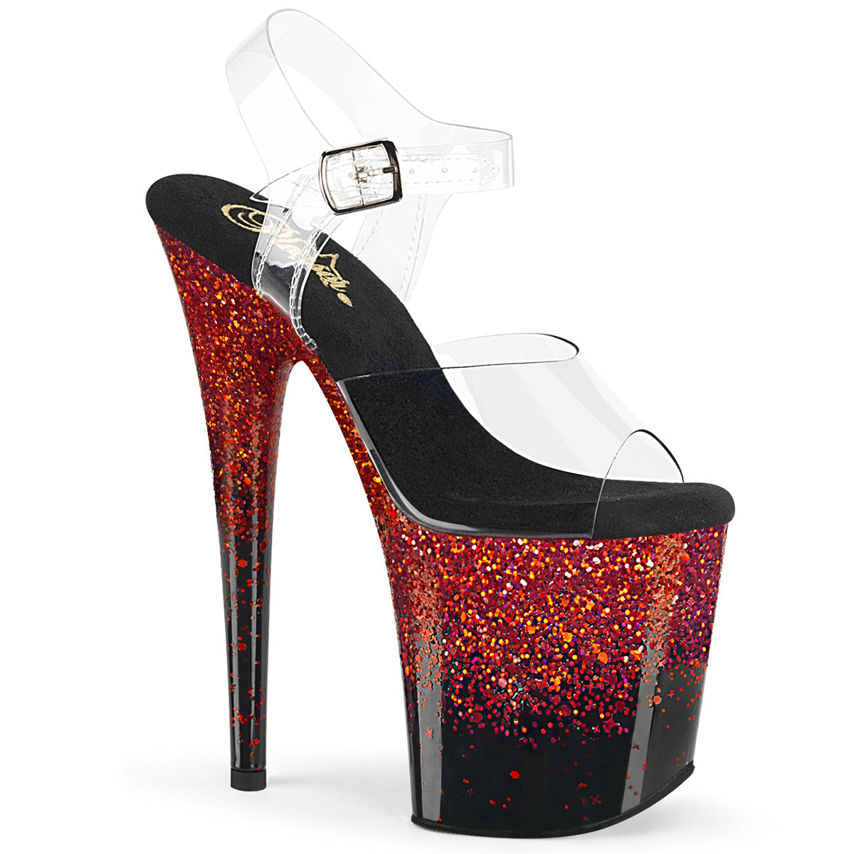 Pleaser FLAMINGO-808SS Clear-Black-Red Multi Glitter 8 Inch (200mm) Heel, 4 Inch (100mm) Platform Ankle Strap Sandal With Holographic Gradient Effect on the Platform Bottom
