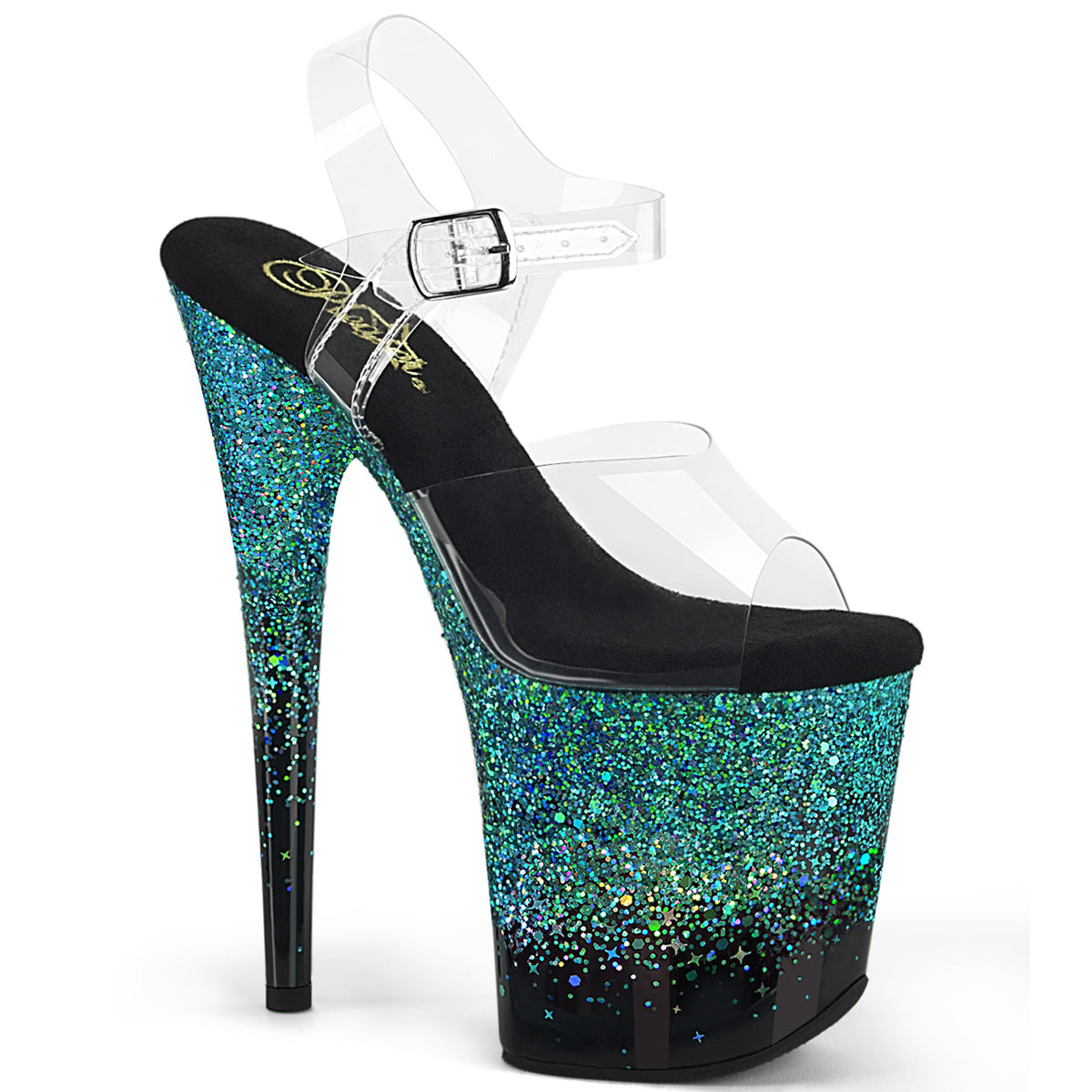 8 Inch Heel FLAMINGO-808SS Clear Turquoise Glitter