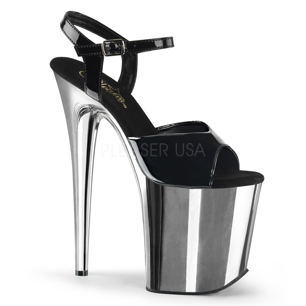 Pleaser FLAMINGO-809 Black Ankle Strap Sandals With Silver Chrome Platform - Shoecup.com