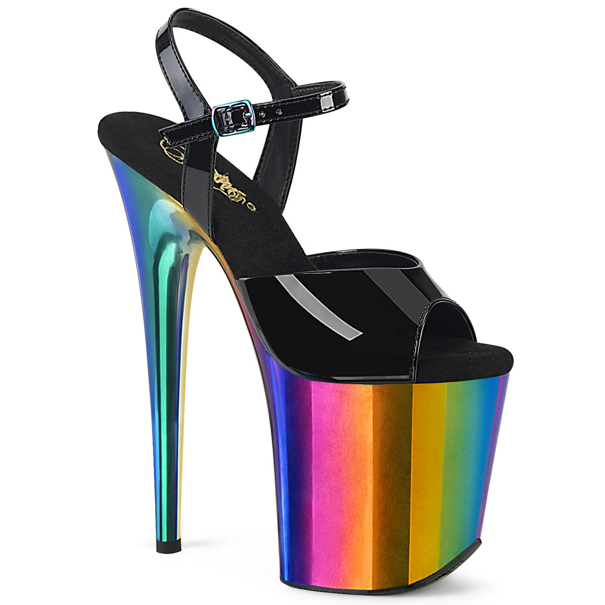 Pleaser FLAMINGO-809RC Black Pat-Rainbow Chrome 8 Inch (200mm) Heel, 4 Inch (100mm) Platform Ankle Strap Sandal Featuring Rainbow Chrome Plated Platform Bottom
