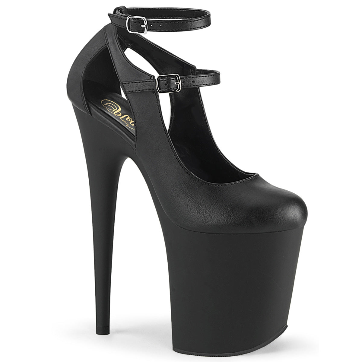 Pleaser FLAMINGO-850 Black Faux Leather 8 Inch (200mm) Heel, 4 Inch (100mm) Platform Cutout Mary Jane Pump Featuring Dual Buckle Ankle Straps