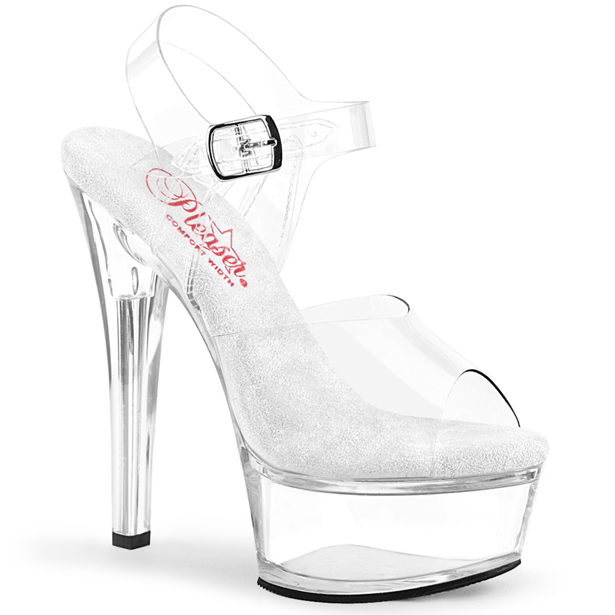 Pleaser GLEAM-608 Clear 6 Inch (152mm) Heel, 1 3/4 Inch (44mm) Platform Comfort Width Ankle Strap Sandal