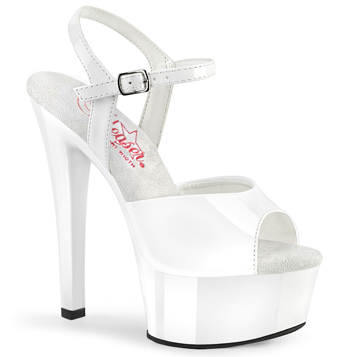 Pleaser GLEAM-609 White Pat 6 Inch (152mm) Heel, 1 3/4 Inch (44mm) Platform Comfort Width Ankle Strap Sandal