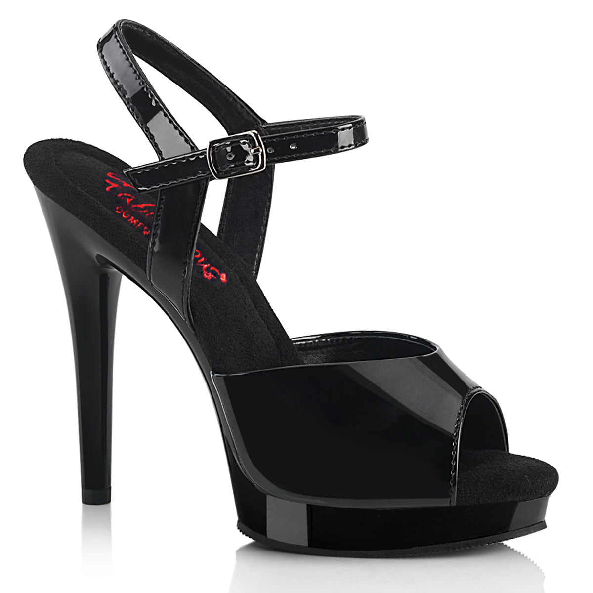 5 Inch (123mm) Heel, 3/4 Inch (16mm) Black Pat Platform Comfort Width Ankle Strap Sandal