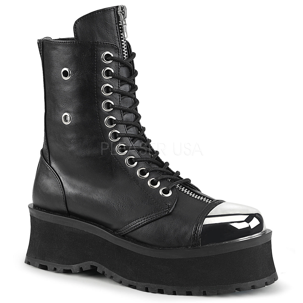 Demonia GRAVEDIGGER-10 Black 2 3/4" Platform Lace-Up Ankle Boot With Silver Chrome Plated Metal Toe Cap & Zipper Details, Metal Back Zip Closure