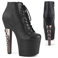 Pleaser HEX-1005 Black Faux Leather 7 Inch Skull Stacked Heel, 3 1/4 Inch Platform Lace-Up Front Ankle Booite
