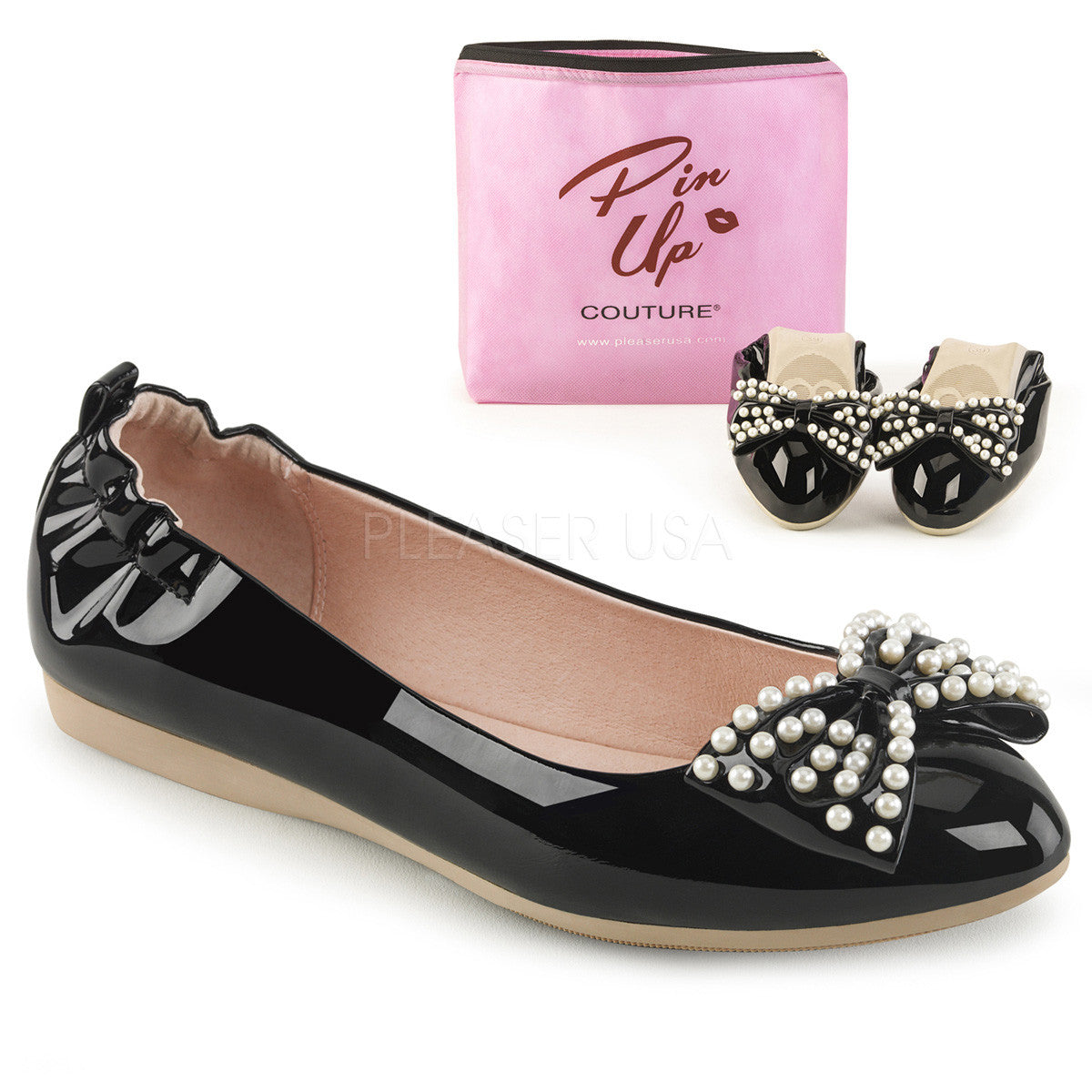 Black Foldable Ballet Flats With  Pearl Embellished Bow | IVY-09