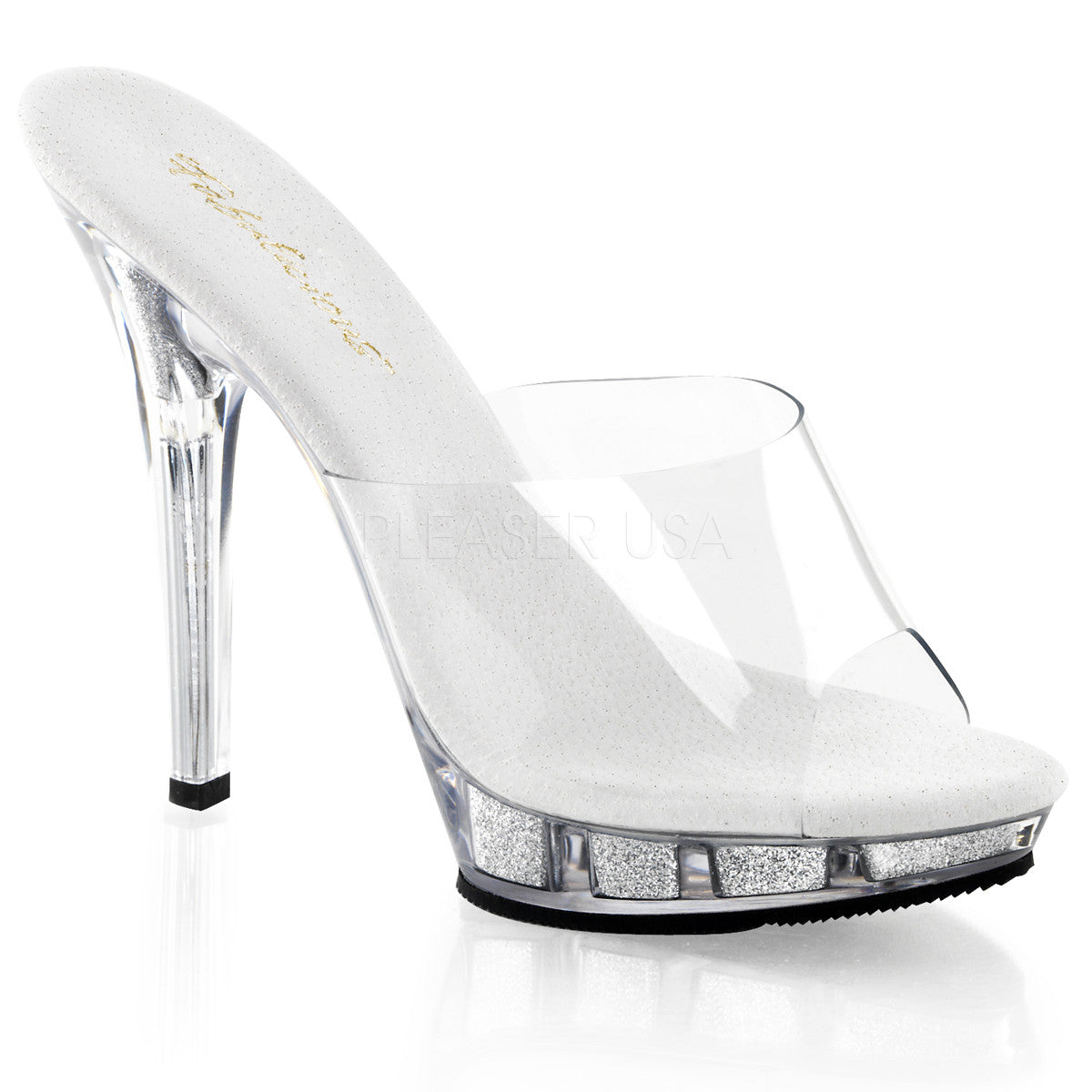 FABULICIOUS LIP-101 Clear-Silver Glitter Platform Slides - Shoecup.com