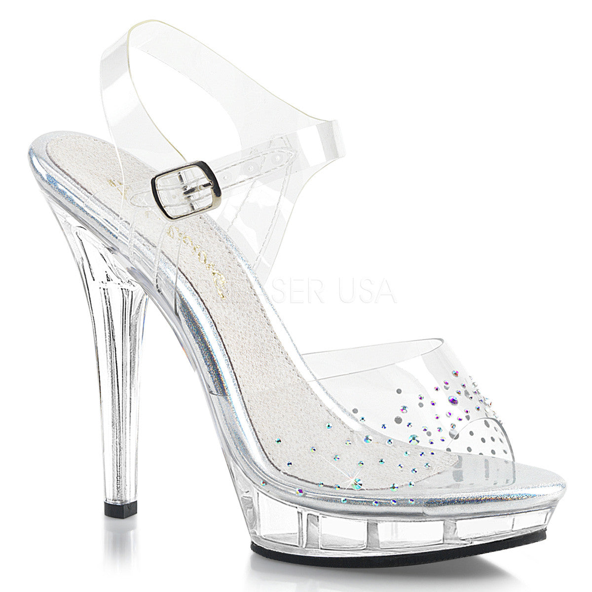 5" (12.7cm) Heel, 3/4" (1.9cm) Platform Ankle Strap Sandal Featuring Multi Sized Rhinestones on Vamp