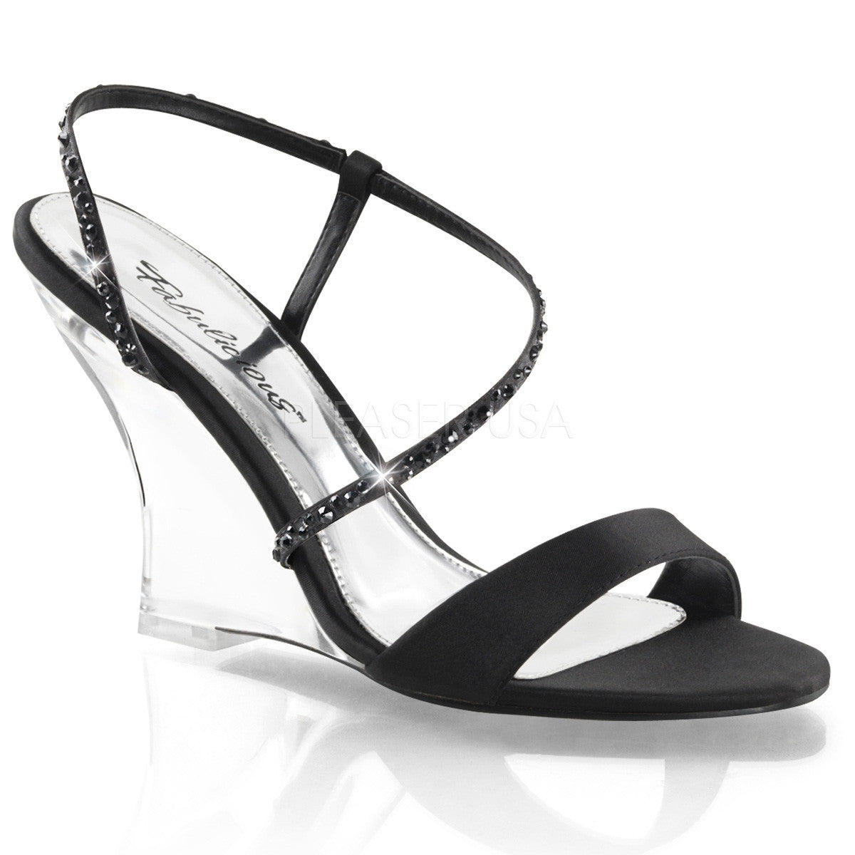 FABULICIOUS LOVELY-417 Black Satin-Clear Slingback Wedges - Shoecup.com