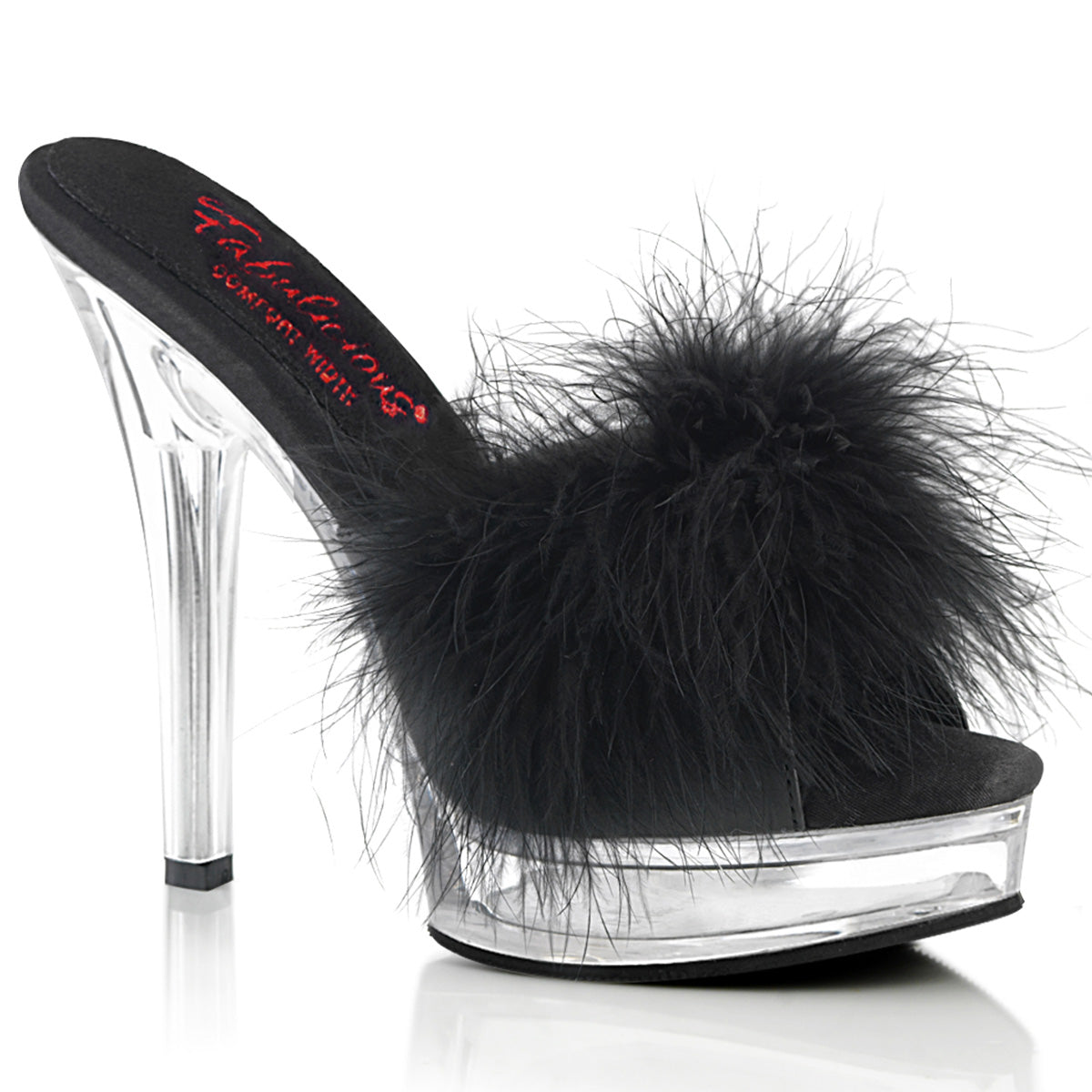 5 Inch (132mm) Heel, 7/8 Inch (25mm) Platform Comfort Width Black Fur Marabou Slipper