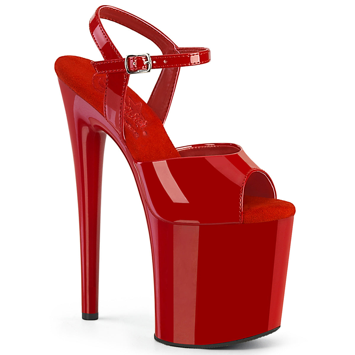 Pleaser NAUGHTY-809 Red Pat 8 Inch (200mm) Heel, 4 Inch (100mm) Platform Comfort Width Ankle Strap Sandal