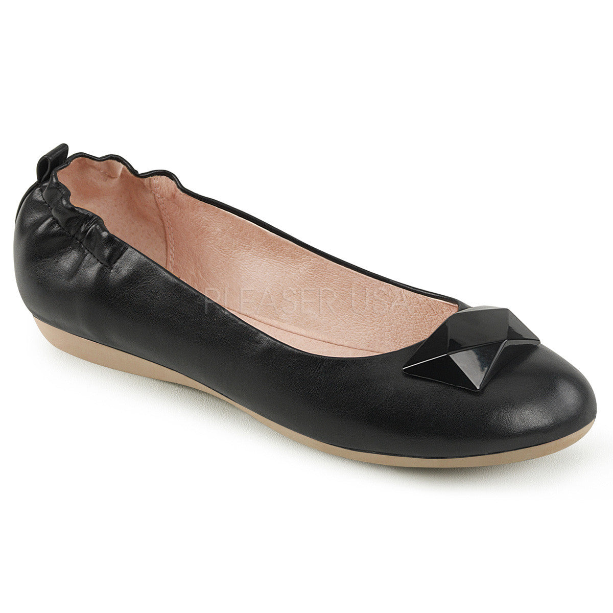 Round Toe Foldable Ballet Flats With Elasticated Heel and Geometric Adornment At Toe|Pin Up Couture OLIVE-08 Black Pu