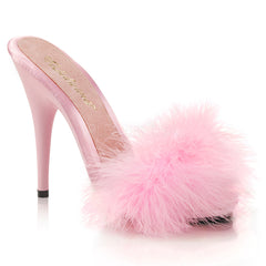 5" Heel Baby Pink Satin Platform  Marabou Sandal | Fabulicious POISE-501F
