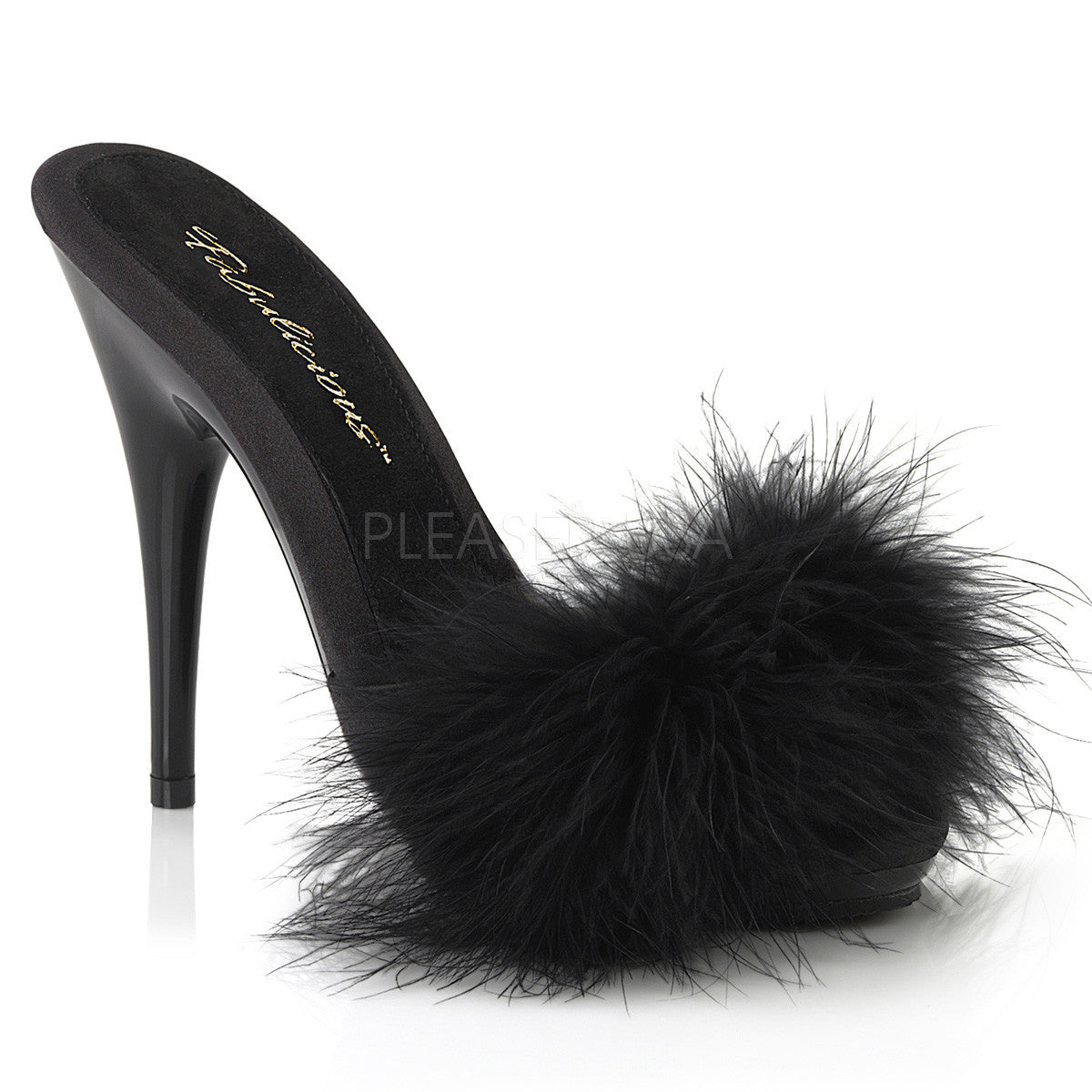 5" Heel Black Satin Platform  Marabou Sandal | Fabulicious POISE-501F