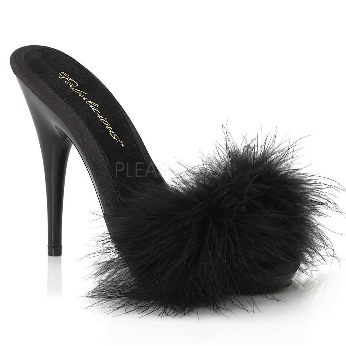 5" Heel Black Satin Platform  Marabou Sandal | Fabulicious POISE-501F