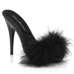 5" Heel Black Satin Platform  Marabou Sandal | Fabulicious POISE-501F