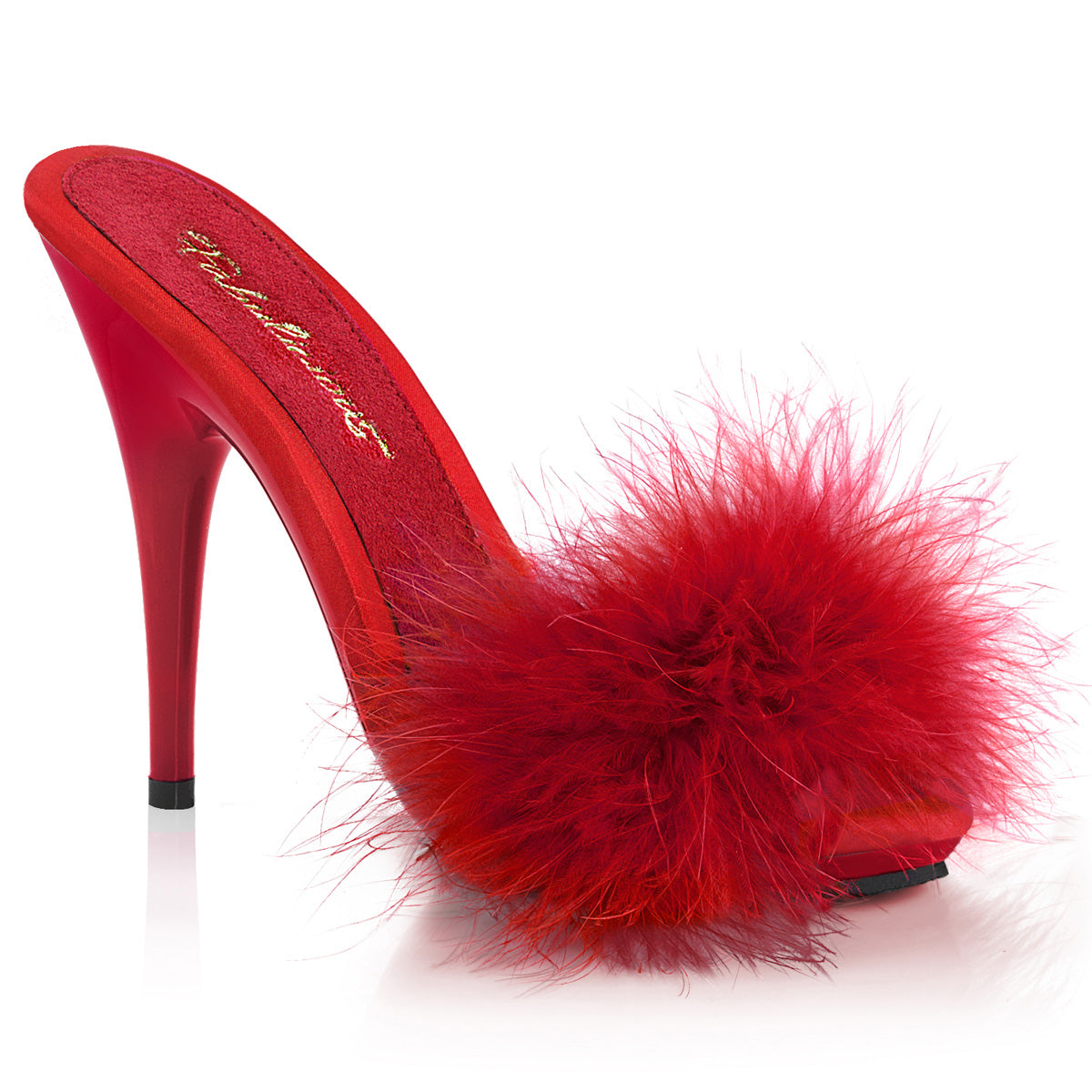 5 Inch (127mm) Heel, 3/8 Inch (10mm) Platform Red Satin Marabou Fur Sandal