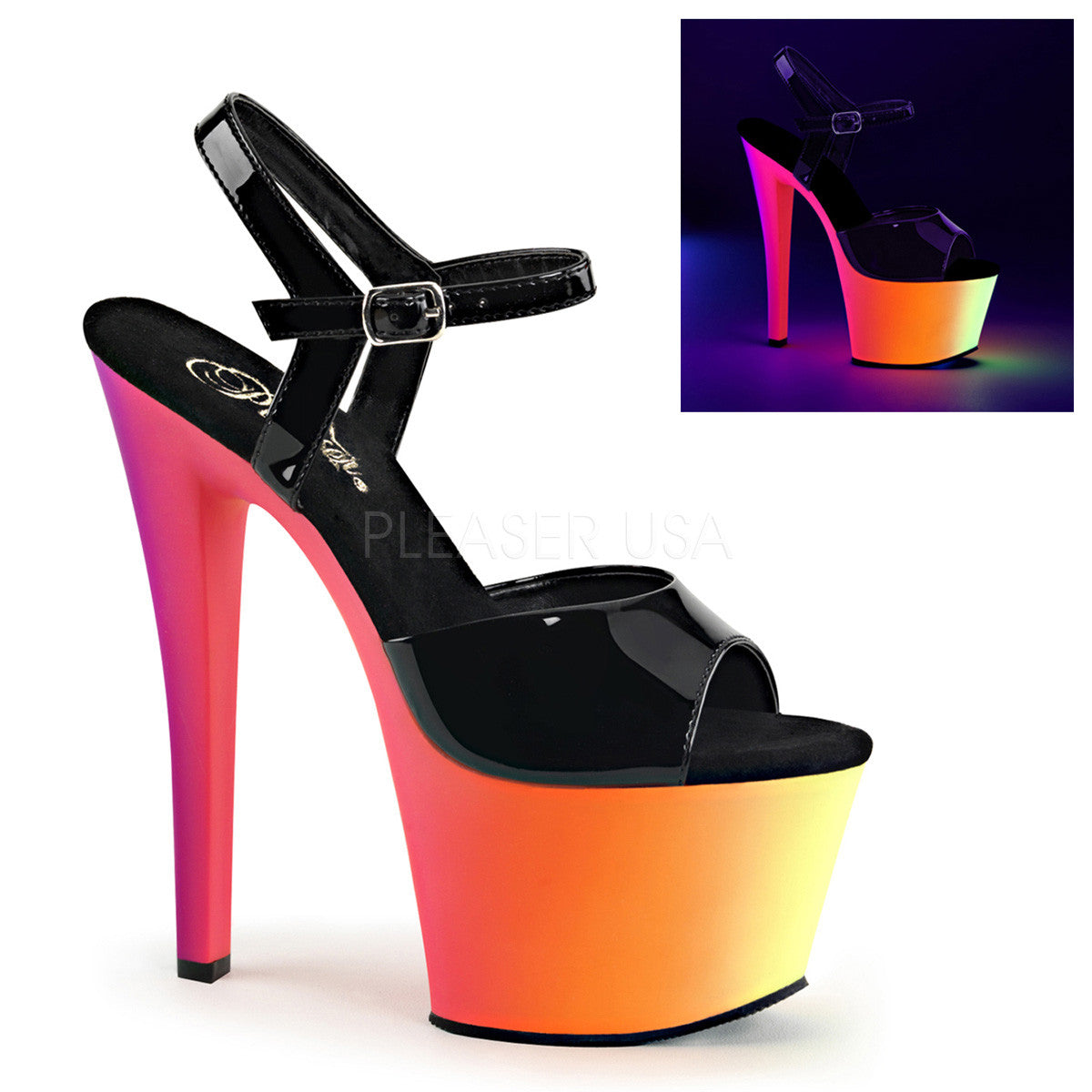 Pleaser RAINBOW-309UV Black Patent With Neon Multi Platform Ankle Strap Sandals - Shoecup.com