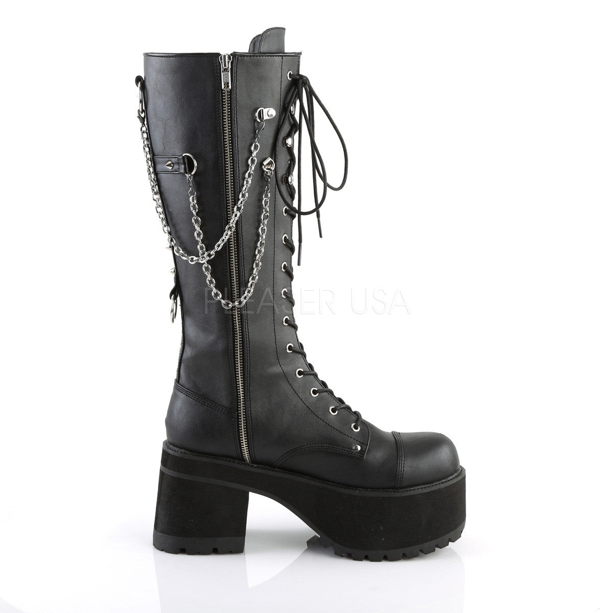 Black Knee High Platform Combat Boots Chain Detail | Demonia RANGER-303 ...