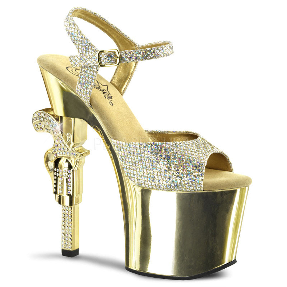PLEASER REVOLVER-709G Gold Multi Glitter-Gold Chrome Ankle Strap Sandals - Shoecup.com