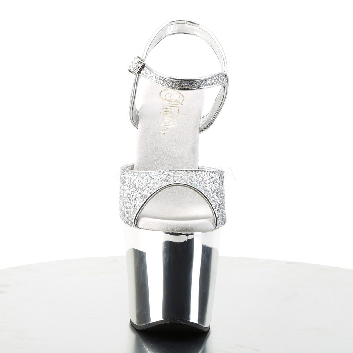 PLEASER REVOLVER-709G Silver Multi Glitter-Silver Chrome Ankle Strap Sandals