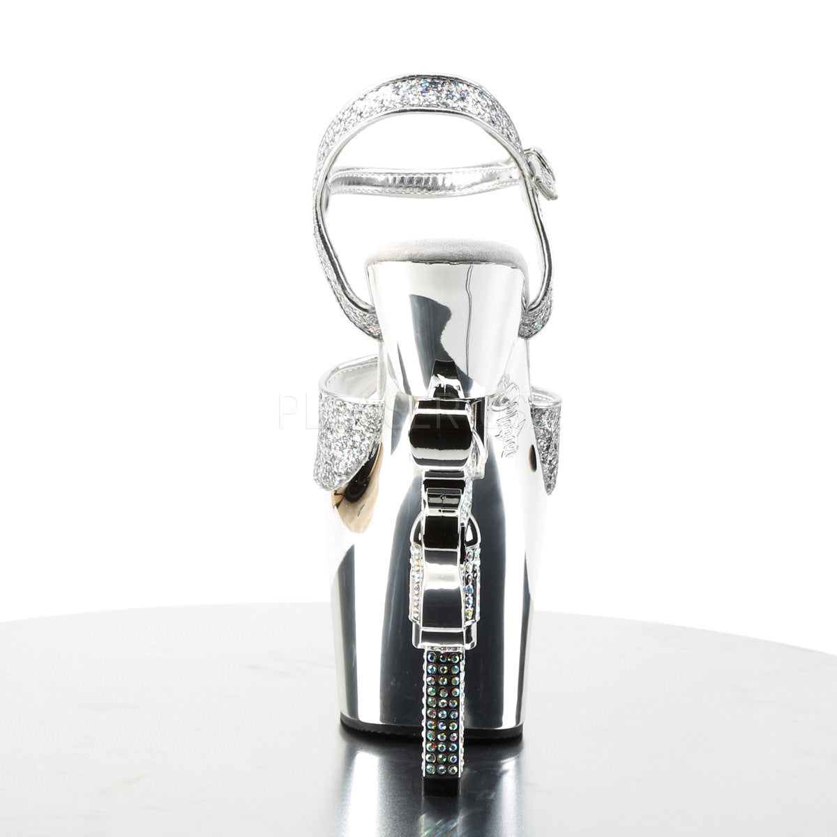 PLEASER REVOLVER-709G Silver Multi Glitter-Silver Chrome Ankle Strap Sandals