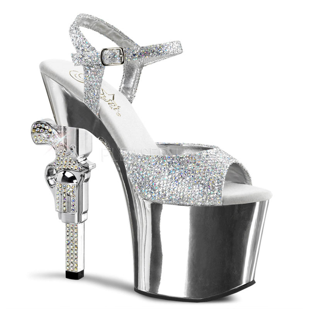 PLEASER REVOLVER-709G Silver Multi Glitter-Silver Chrome Ankle Strap Sandals - Shoecup.com