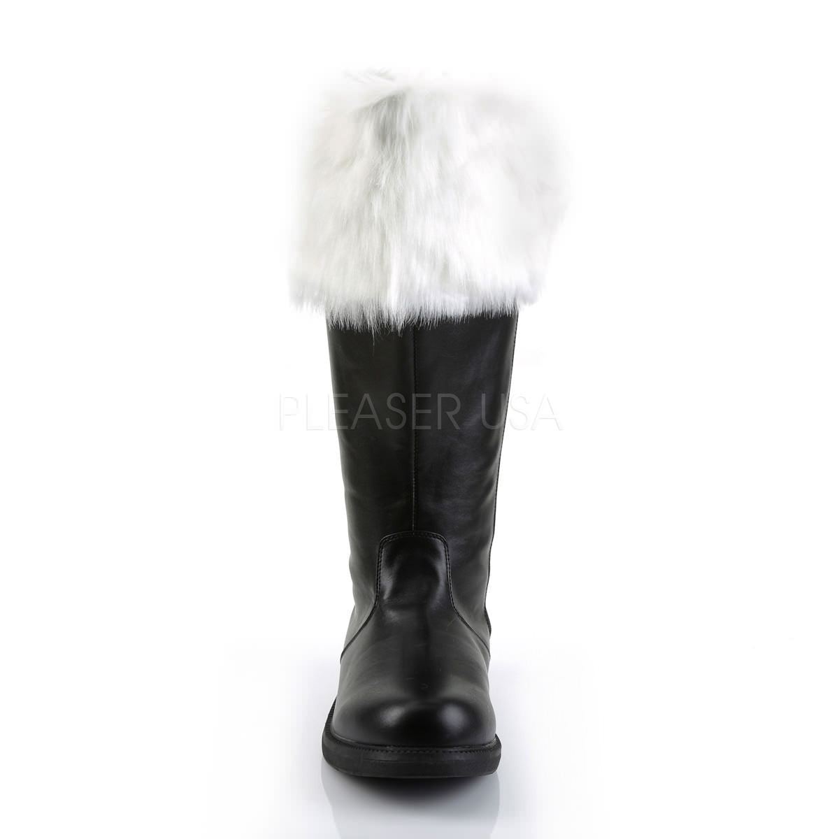 Men's Black Pu Wide Calf Santa Boots with White Faux Fur