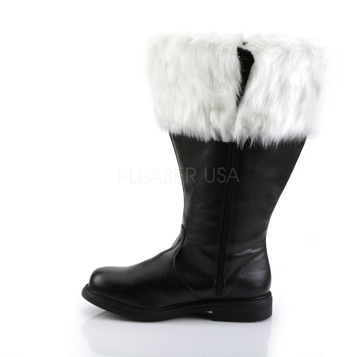 Men's Black Pu Wide Calf Santa Boots with White Faux Fur