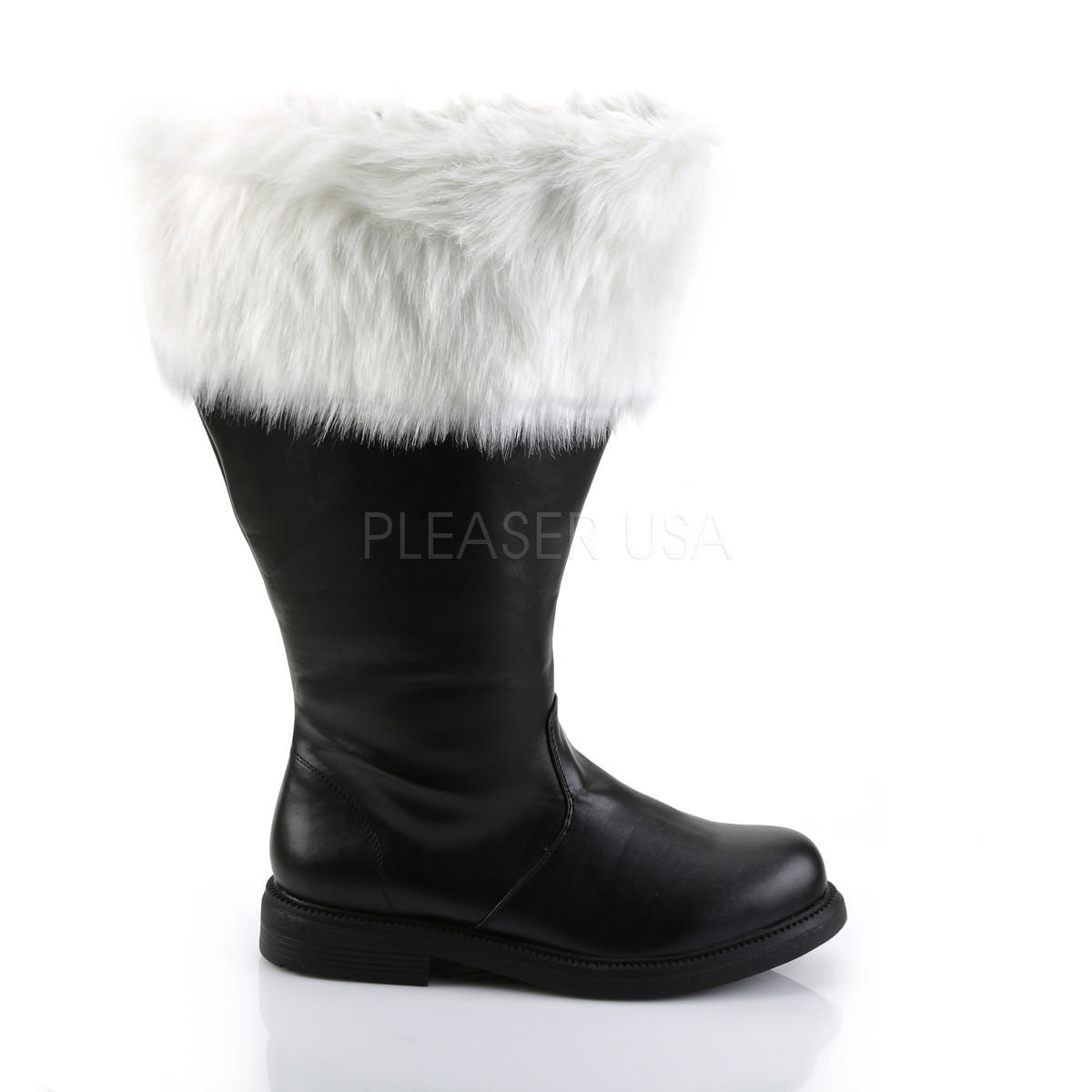 Men's Black Pu Wide Calf Santa Boots with White Faux Fur