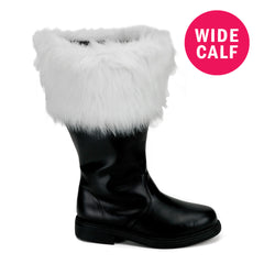 Men's Black Pu Wide Calf Santa Boots with White Faux Fur