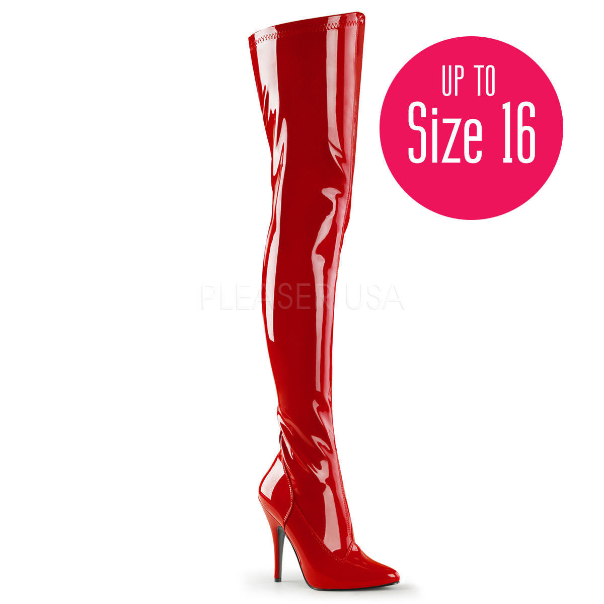 Pleaser SEDUCE-3000 Red Stretch Patent Thigh High Boots - Shoecup.com