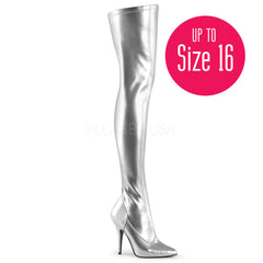 Pleaser SEDUCE-3000 Silver Stretch Pu Thigh High Boots - Shoecup.com