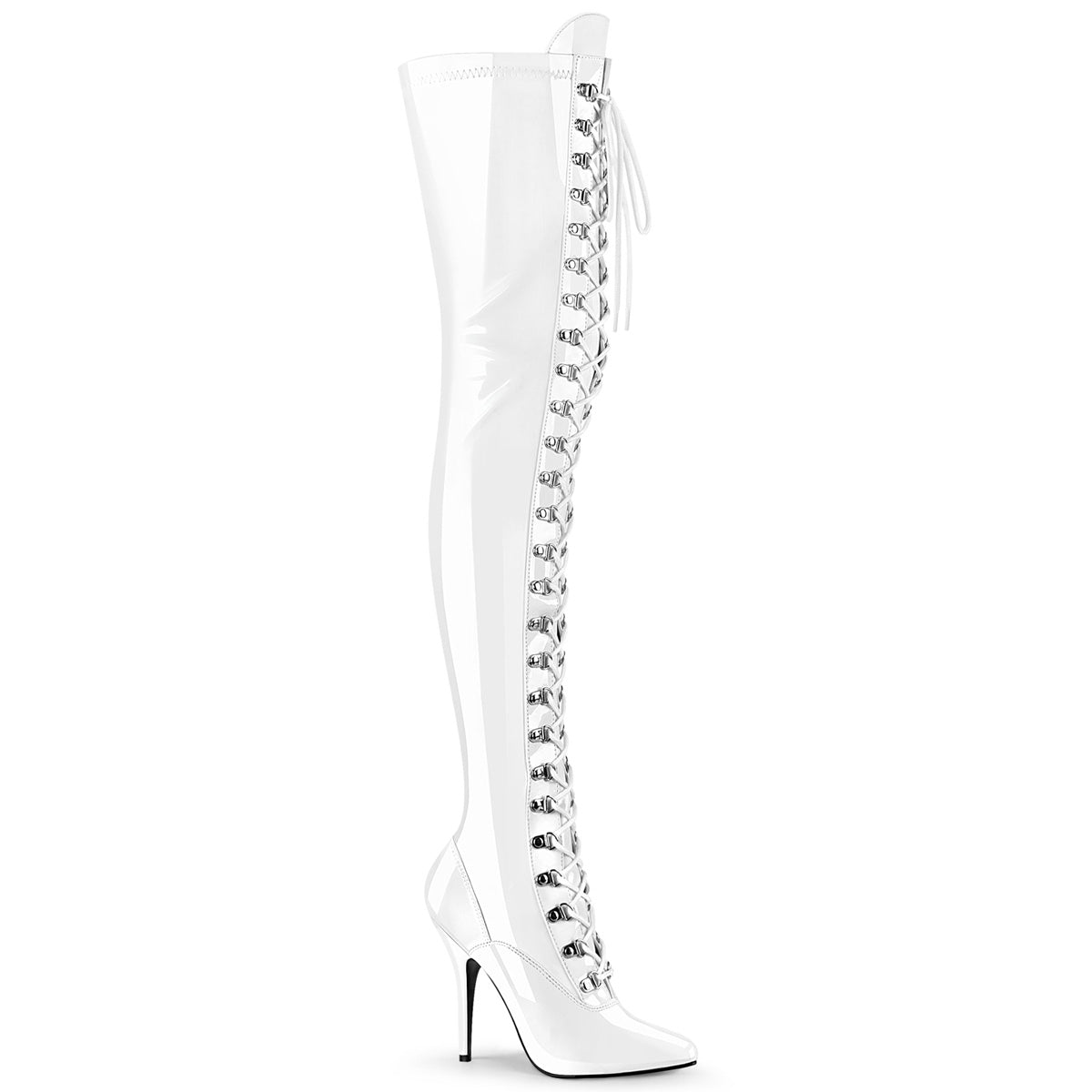 Pleaser SEDUCE-3024 White Pat 5 Inch (127mm) Heel D-Ring Stretch Thigh High Boot, Inside Zip Closure