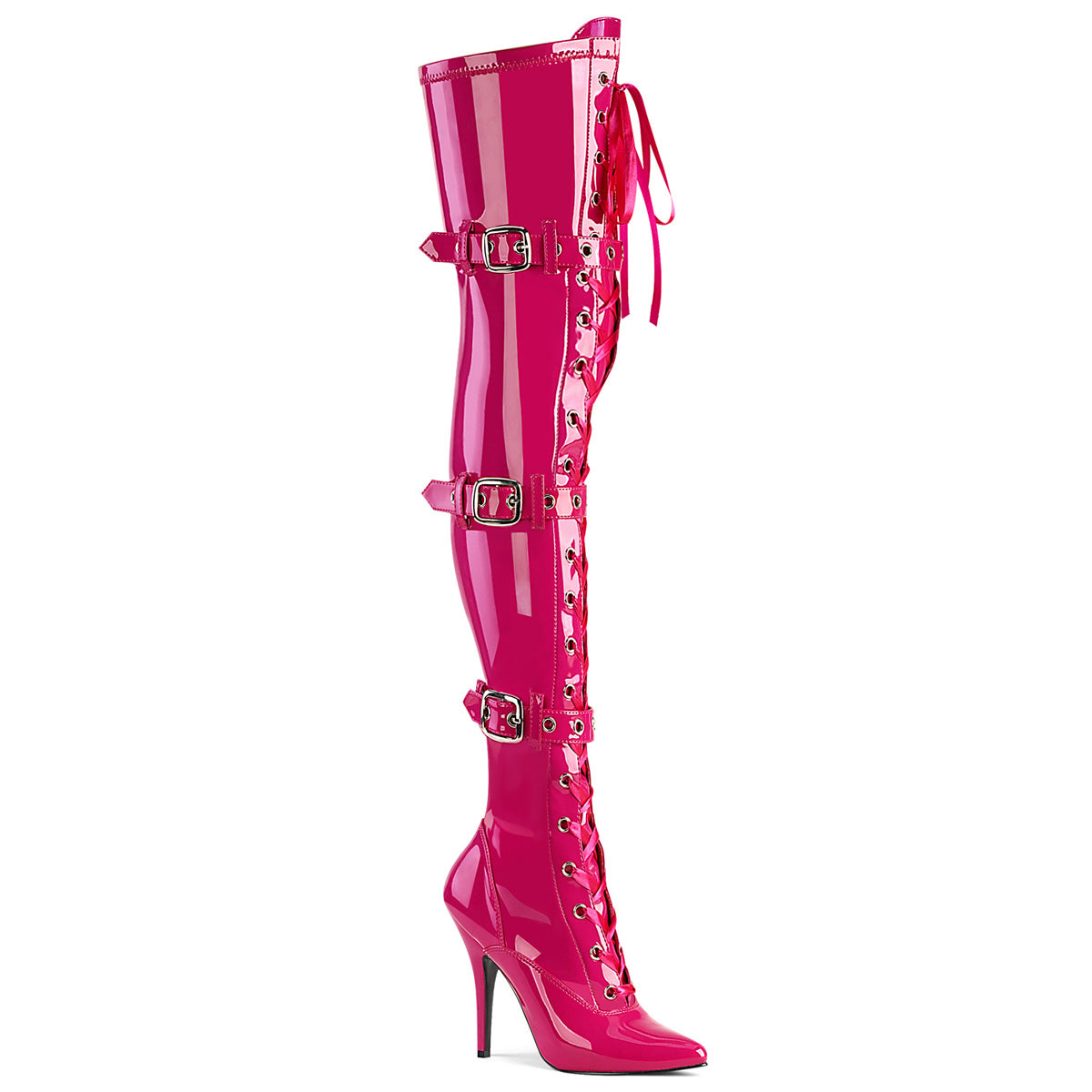 Pleaser SEDUCE-3028 Hot Pink Stretch Pat 5 Inch (127mm) Heel Ribbon Lace-Up Triple Buckle Strap Stretch Thigh High Boot, Full Inside Zip Closure