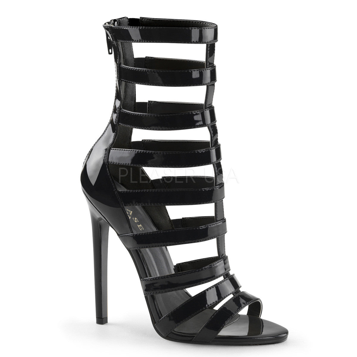 Pleaser SEXY-52 Black Patent Closed Back Strappy Cage Sandals - Shoecup.com