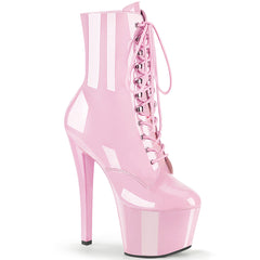 Pleaser SKY-1020 Baby Pink Pat 7 Inch (178mm) Heel, 2 3/4 Inch (70mm) Platform Lace-Up Front Ankle Boot, Inside Zip Closure
