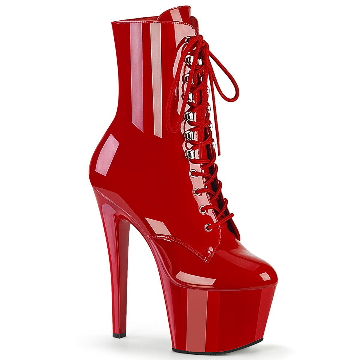 Pleaser SKY-1020 Red Pat 7 Inch (178mm) Heel, 2 3/4 Inch (70mm) Platform Lace-Up Front Ankle Boot, Inside Zip Closure