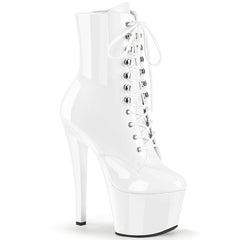 Pleaser SKY-1020 White Pat 7 Inch (178mm) Heel, 2 3/4 Inch (70mm) Platform Lace-Up Front Ankle Boot, Inside Zip Closure