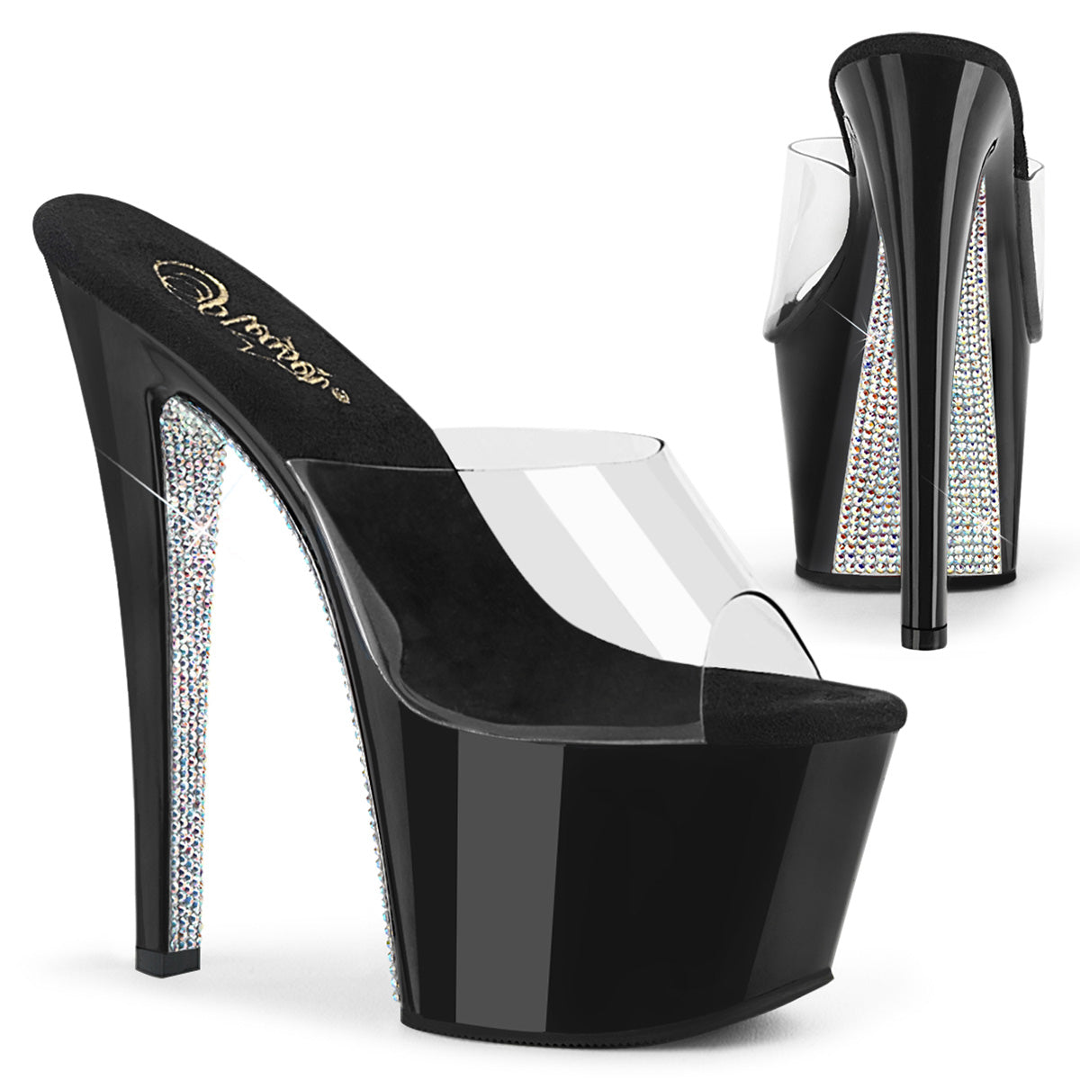 7" Heel SKY-301CRS Clear Black Silver Rhinestone