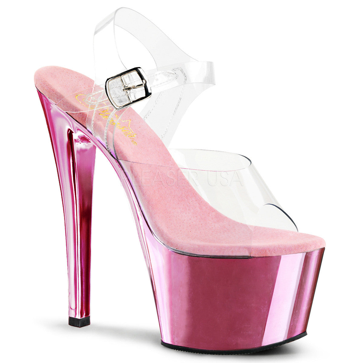 PLEASER SKY-308 Clear-Baby Pink Chrome Ankle Strap Sandals - Shoecup.com