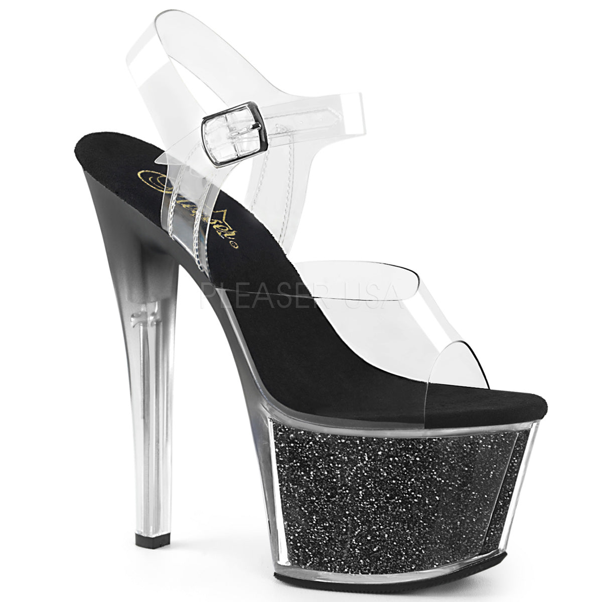 7" Heel SKY-308G-T Clear Black Glitter