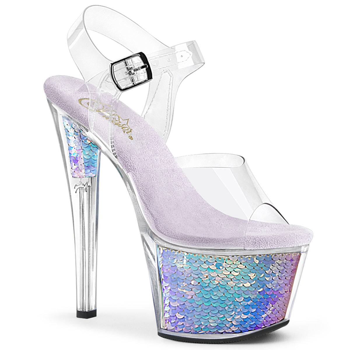 Pleaser SKY-308MC Clear-Lavender Hologram Inserts 7 Inch Heel, 2 3/4 Inch Platform Ankle Strap Sandal