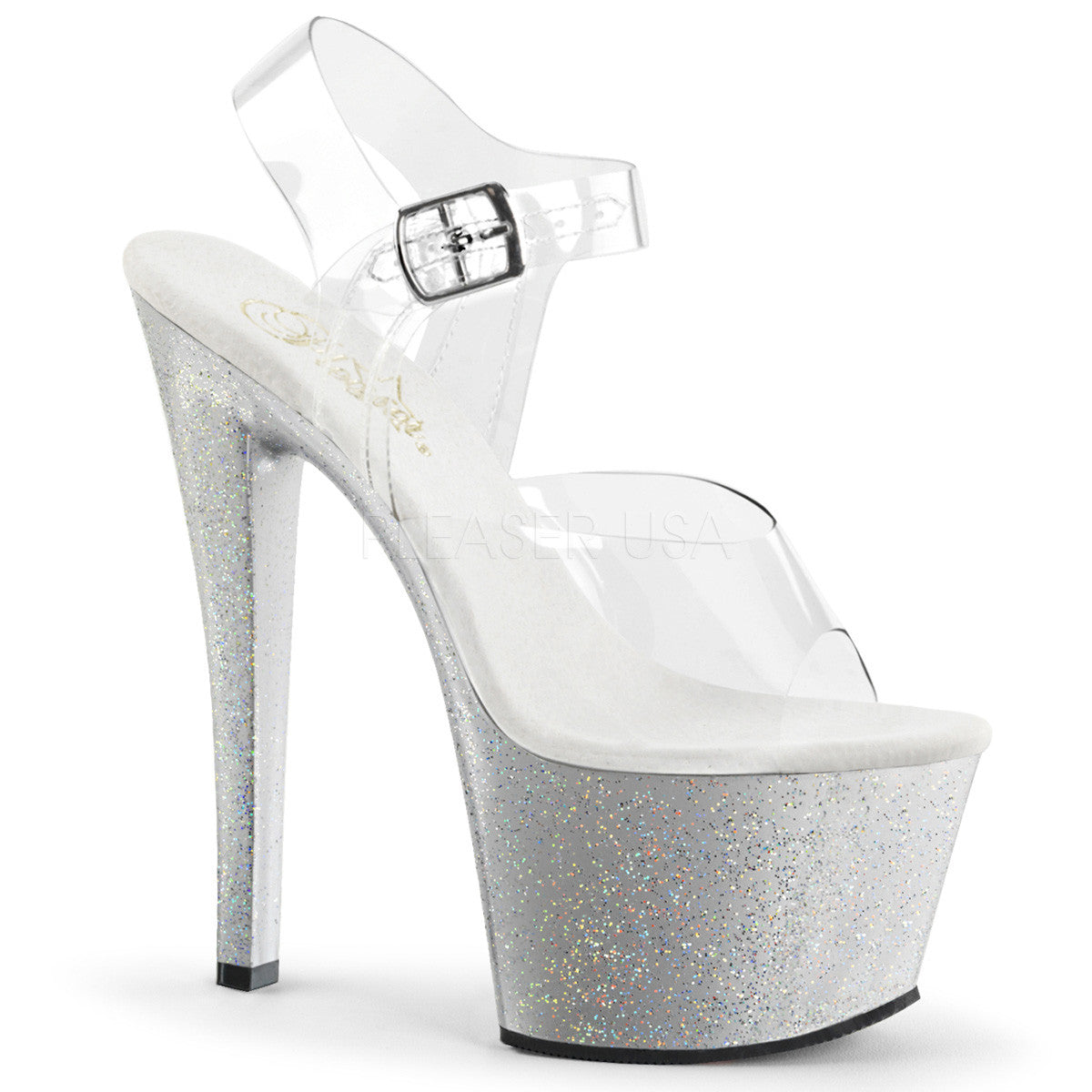 Pleaser SKY-308MG Clear With Silver Glitter Platform Ankle Strap Sandals - Shoecup.com