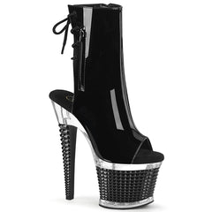 Pleaser SPECTATOR-1018 Black Patent 7 Inch (178mm) Heel, 3 Inch (76mm) Textured Platform Open Toe/Heel Lace-Up Back Ankle Boot With Hidden Zip Pocket, Inside Zip Closure