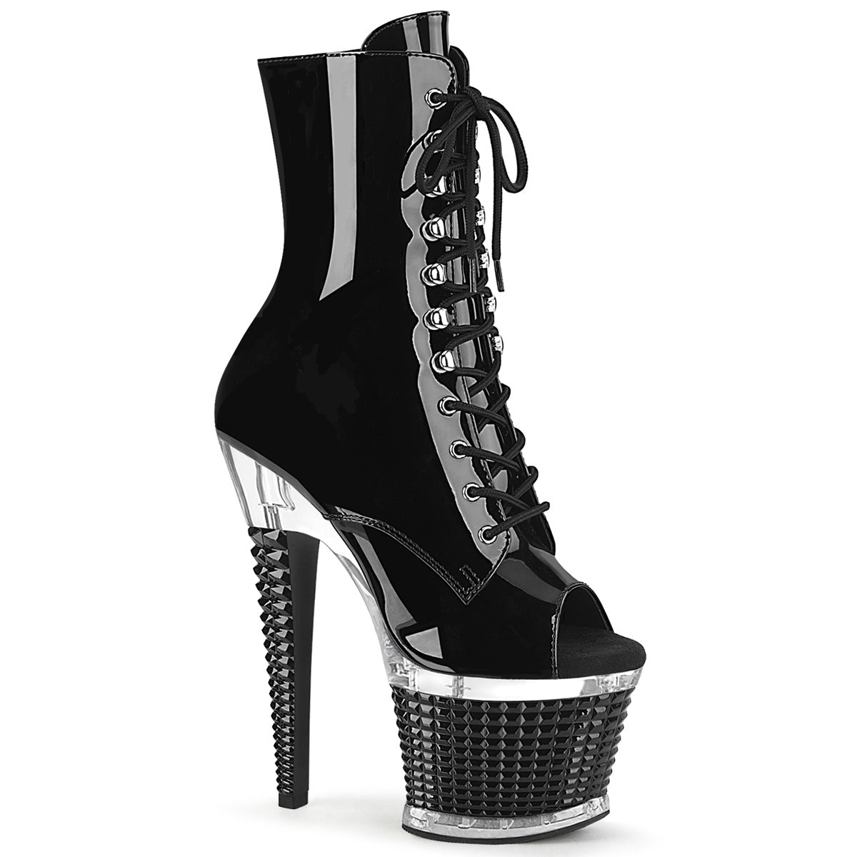 Pleaser SPECTATOR-1021 Black Pat-Clear-Black 7 Inch (178mm) Heel, 3 Inch (76mm) Textured Platform Open Toe Lace-Up Front Ankle Boot, Inside Zip Closure