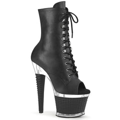 Pleaser SPECTATOR-1021 Black Faux Leather-Clear-Black Matte 7 Inch (178mm) Heel, 3 Inch (76mm) Textured Platform Open Toe Lace-Up Front Ankle Boot, Inside Zip Closure