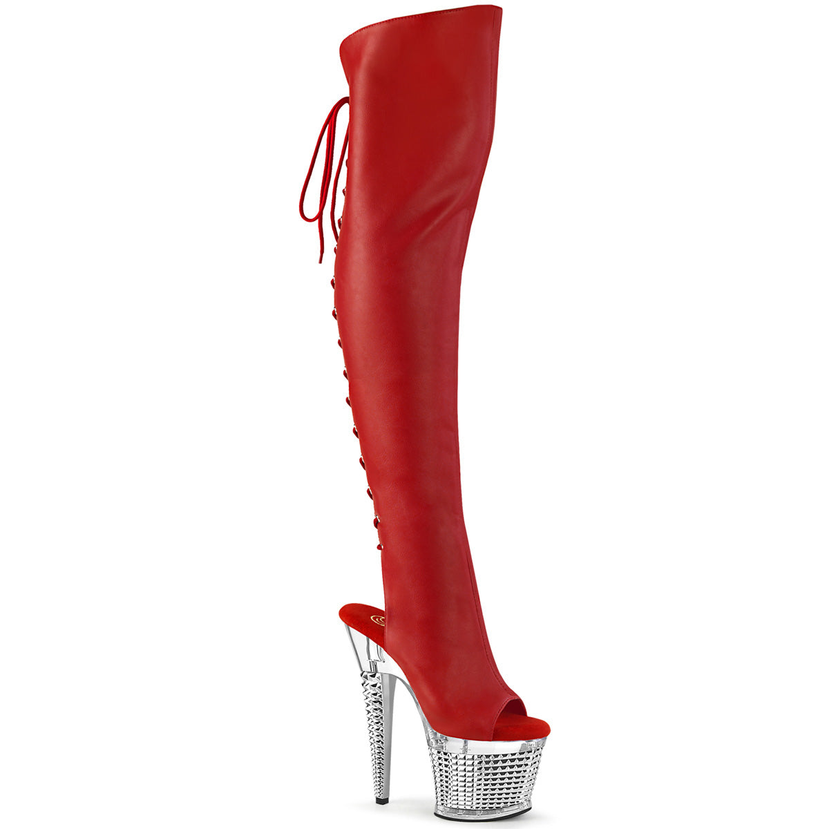 Pleaser SPECTATOR-3019 Red Pu-Silver Chrome 7 Inch Heel, 3 Inch Textured Platform Open Toe/Heel Thigh Boot, Side Zip